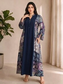 Al Najma Plus Size Women's Paisley Print Patchwork Arabian Modest Hawaiian Dress Thailand Holiday Dubai Holiday Umrah Navy Blue Summer - Multicolor - View 1