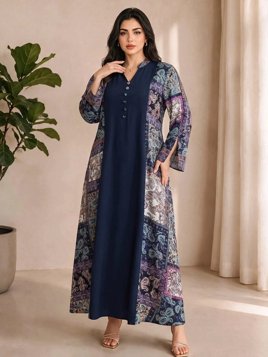 Al Najma Plus Size Women's Paisley Print Patchwork Arabian Modest Hawaiian Dress Thailand Holiday Dubai Holiday Umrah Navy Blue Summer - Multicolor - View 1