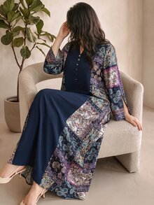 Al Najma Plus Size Women's Paisley Print Patchwork Arabian Modest Hawaiian Dress Thailand Holiday Dubai Holiday Umrah Navy Blue Summer - Multicolor - View 3