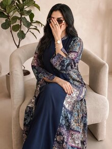 Al Najma Plus Size Women's Paisley Print Patchwork Arabian Modest Hawaiian Dress Thailand Holiday Dubai Holiday Umrah Navy Blue Summer - Multicolor - View 6
