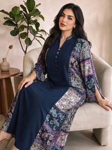 Al Najma Plus Size Women's Paisley Print Patchwork Arabian Modest Hawaiian Dress Thailand Holiday Dubai Holiday Umrah Navy Blue Summer - Multicolor - View 5