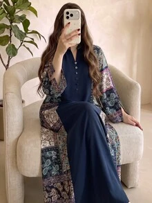 Al Najma Plus Size Women's Paisley Print Patchwork Arabian Modest Hawaiian Dress Thailand Holiday Dubai Holiday Umrah Navy Blue Summer - Multicolor - View 8