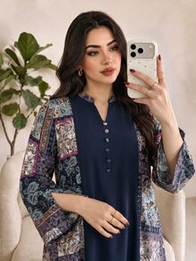 Al Najma Plus Size Women's Paisley Print Patchwork Arabian Modest Hawaiian Dress Thailand Holiday Dubai Holiday Umrah Navy Blue Summer - Multicolor - View 9