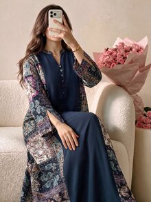 Al Najma Plus Size Women's Paisley Print Patchwork Arabian Modest Hawaiian Dress Thailand Holiday Dubai Holiday Umrah Navy Blue Summer - Multicolor - View 11