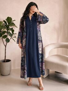 Al Najma Plus Size Women's Paisley Print Patchwork Arabian Modest Hawaiian Dress Thailand Holiday Dubai Holiday Umrah Navy Blue Summer - Multicolor - View 4