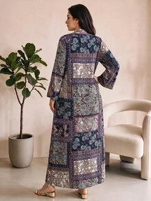 Al Najma Plus Size Women's Paisley Print Patchwork Arabian Modest Hawaiian Dress Thailand Holiday Dubai Holiday Umrah Navy Blue Summer - Multicolor - View 2