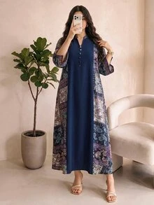 Al Najma Plus Size Women's Paisley Print Patchwork Arabian Modest Hawaiian Dress Thailand Holiday Dubai Holiday Umrah Navy Blue Summer - Multicolor - View 7