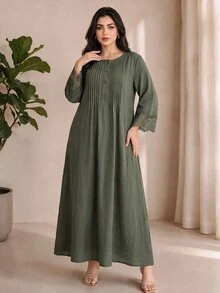 Al Najma 大尺碼女款綠色鈕扣設計蕾絲袖口優雅Ninang端莊休閒阿拉伯風洋裝 正式泰國度假秋季杜拜度假 - 軍綠色 - 查看 4