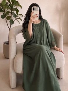 Al Najma 大尺碼女款綠色鈕扣設計蕾絲袖口優雅Ninang端莊休閒阿拉伯風洋裝 正式泰國度假秋季杜拜度假 - 軍綠色 - 查看 5