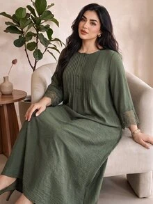 Al Najma 大尺碼女款綠色鈕扣設計蕾絲袖口優雅Ninang端莊休閒阿拉伯風洋裝 正式泰國度假秋季杜拜度假 - 軍綠色 - 查看 6