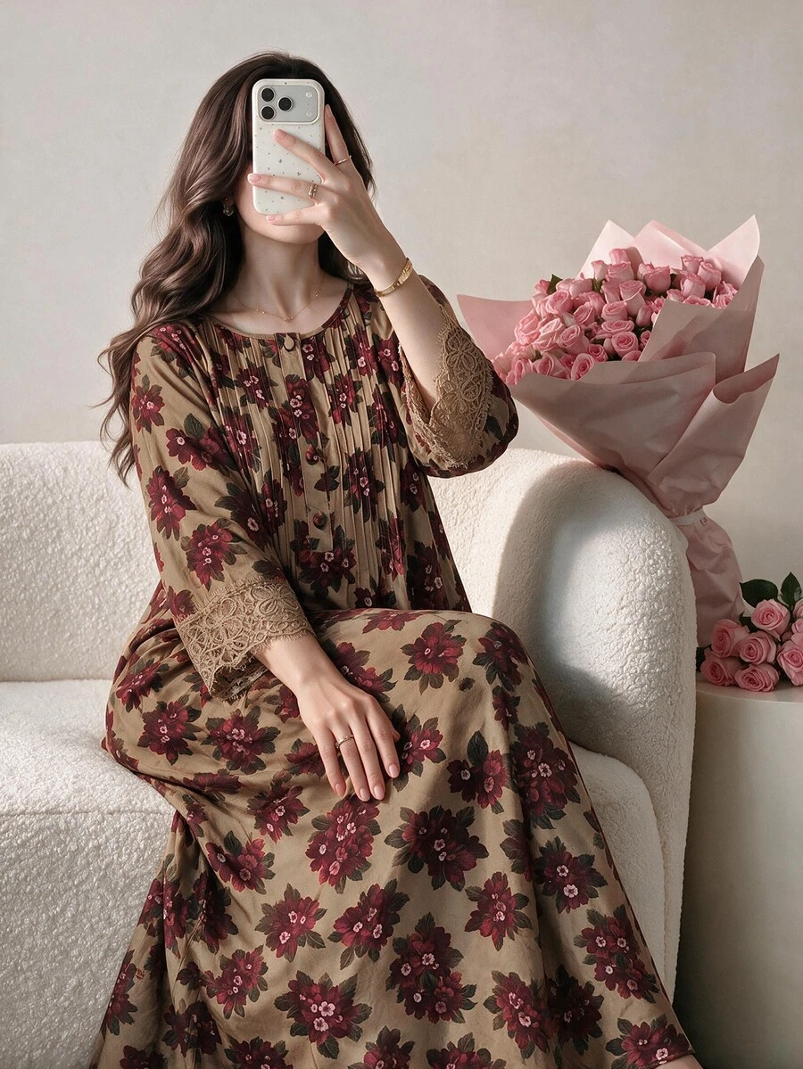 Al Najma Plus Size Women's All-Over Floral Print Fashion Casual Modest African Arabian Dress Wedding Guest Umrah Fall - Multicolor - View 1
