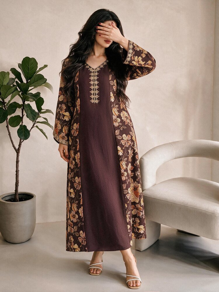 Al Najma Plus Size Women V-Neck Floral Print Casual Ninang Modest Matching Party Dubai Holiday Umrah Christening Guest Family Thailand Arabian Dress Brown Fall - Multicolor - View 6