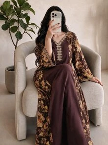 Al Najma 大尺碼女款 V 領花卉印花休閒 Ninang 謙遜風套裝派對 Umrah 洗禮賓客家庭泰國阿拉伯風洋裝 棕色 秋季 - 彩色 - 查看 5