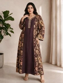 Al Najma 大尺碼女款 V 領花卉印花休閒 Ninang 謙遜風套裝派對 Umrah 洗禮賓客家庭泰國阿拉伯風洋裝 棕色 秋季 - 彩色 - 查看 3