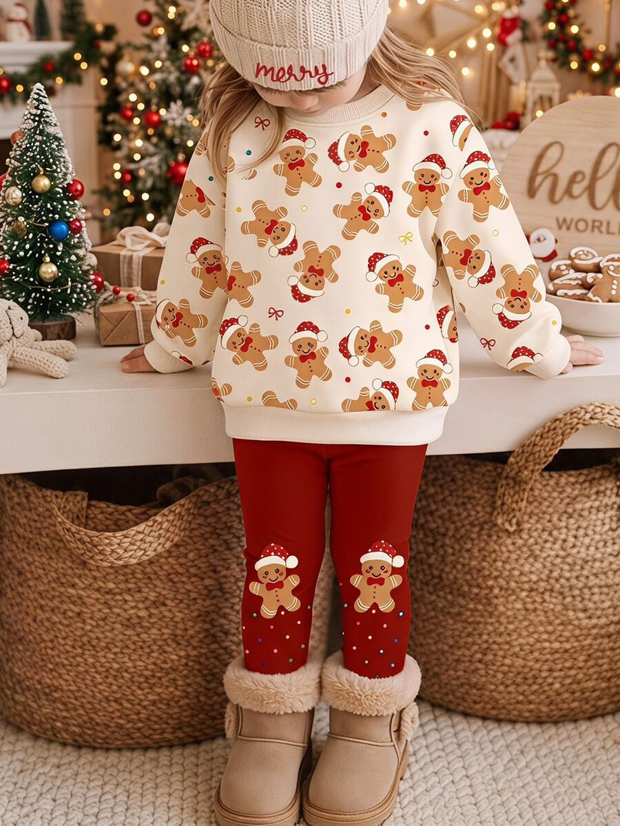 Baby Girl Christmas Gingerbread Man Allover Print Pullover Autumn Sweatshirt & Leggings Set - Multicolor - View 1