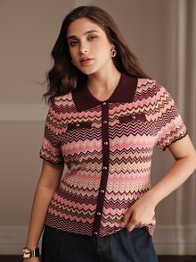 Anewsta Modern Retro Style Multi-Color Patchwork Exquisite Button Short Sleeve Plus Size Pullover Sweater Vacation Outfits Women Chic Unique Blouse - Multicolor - View 4