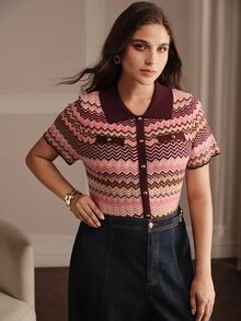 Anewsta Modern Retro Style Multi-Color Patchwork Exquisite Button Short Sleeve Plus Size Pullover Sweater Vacation Outfits Women Chic Unique Blouse - Multicolor - View 6