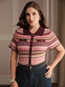 Anewsta Modern Retro Style Multi-Color Patchwork Exquisite Button Short Sleeve Plus Size Pullover Sweater Vacation Outfits Women Chic Unique Blouse - Multicolor - View 2