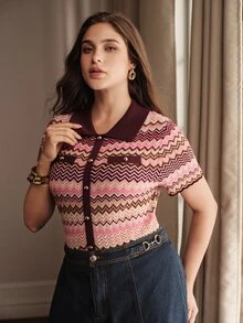 Anewsta Modern Retro Style Multi-Color Patchwork Exquisite Button Short Sleeve Plus Size Pullover Sweater Vacation Outfits Women Chic Unique Blouse - Multicolor - View 5