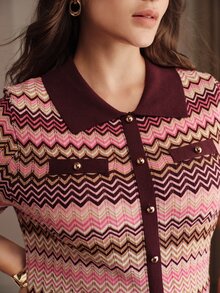 Anewsta Modern Retro Style Multi-Color Patchwork Exquisite Button Short Sleeve Plus Size Pullover Sweater Vacation Outfits Women Chic Unique Blouse - Multicolor - View 1