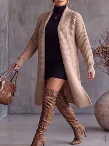 SHEIN LUNE Women's Textured Casual Cardigan - Khaki - View 7