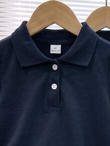 SHEIN 女童白色3件組長袖 Polo 衫，精緻愛心鈕扣，長袖 T 恤，基本純色修身 T 恤，適合返校季 - 藏蓝色 - 查看 3
