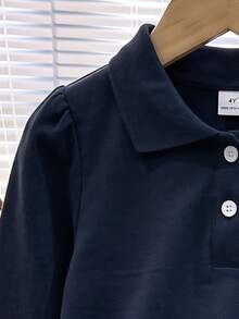SHEIN 女童白色3件組長袖 Polo 衫，精緻愛心鈕扣，長袖 T 恤，基本純色修身 T 恤，適合返校季 - 藏蓝色 - 查看 7