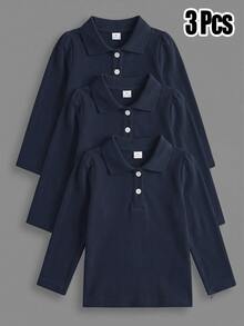 SHEIN 女童白色3件組長袖 Polo 衫，精緻愛心鈕扣，長袖 T 恤，基本純色修身 T 恤，適合返校季 - 藏蓝色 - 查看 4