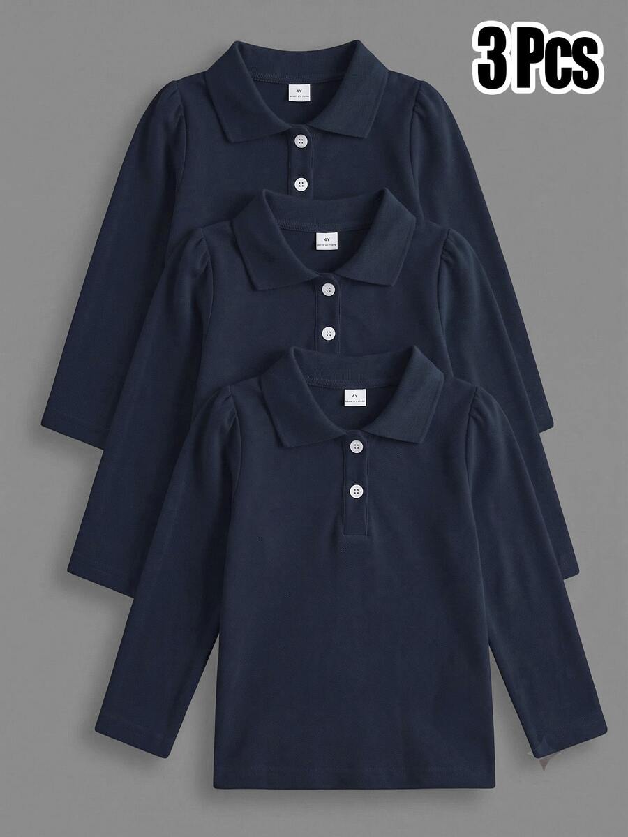 SHEIN Young Girls White 3-Piece Long Sleeve Polo Shirts, Exquisite Heart Buttons, Long Sleeve T-Shirts, Basic Solid Color Fitted T-Shirts, Suitable For Back To School Season - Navy Blue - View 1