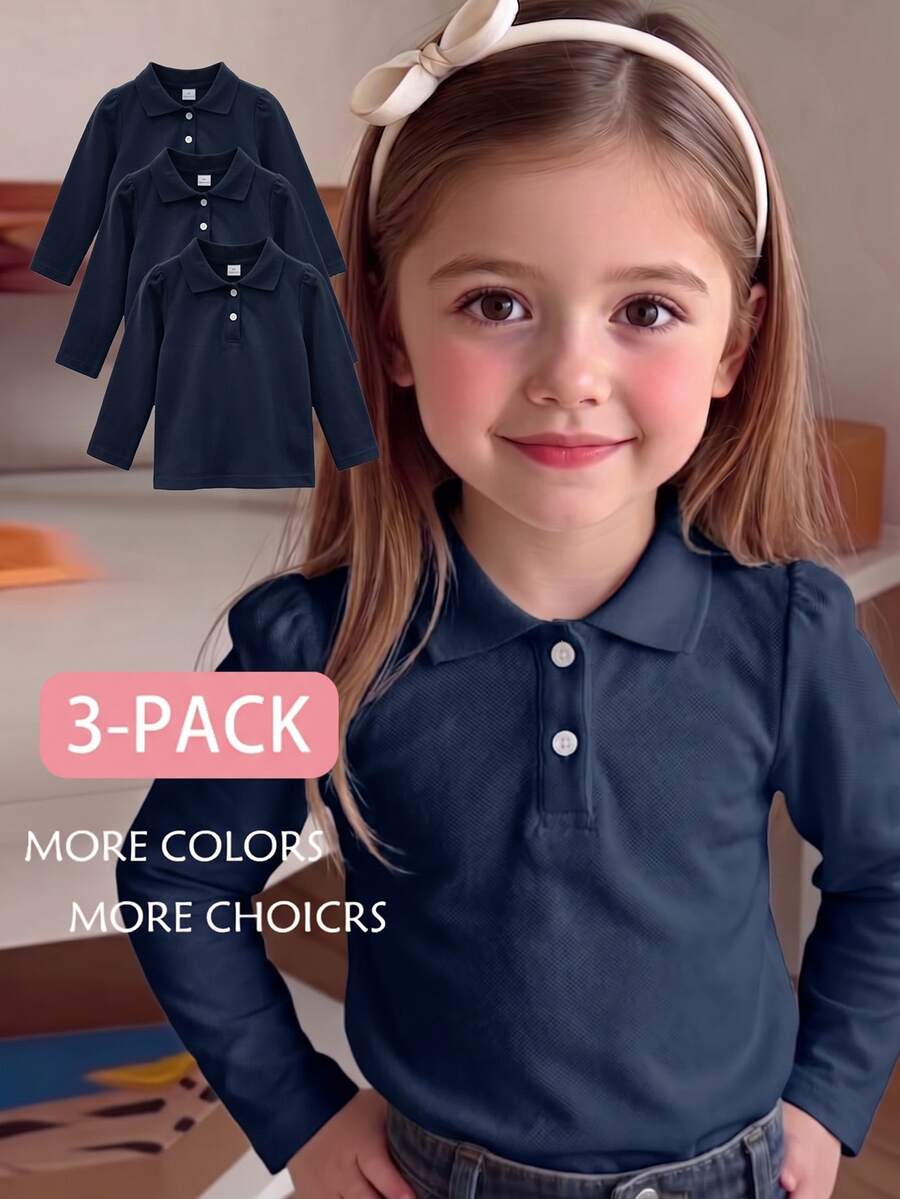SHEIN 女童白色3件組長袖 Polo 衫,精緻愛心鈕扣,長袖 T 恤,基本純色修身 T 恤,適合返校季 - 藏蓝色 - 查看 1