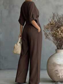 SHEIN LUNE Plus Size Women Elegant Casual Solid Color V-Neck Cinched Waist Straight Leg Long Sleeve Jumpsuit, Asymmetrical Minimalist Design With Multi-Functional Pockets, Suitable For Daily Wear, Commuting, Dating And Gathering - Coffee Brown - View 2