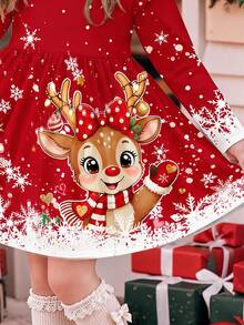 Young Girl Deer Pattern Print Ruffle Trim Dress For Outings - Multicolor - View 6