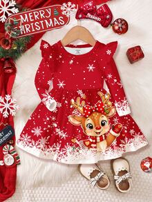 Young Girl Deer Pattern Print Ruffle Trim Dress For Outings - Multicolor - View 3