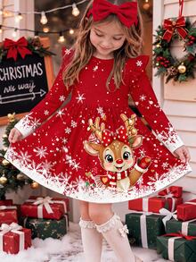 Young Girl Deer Pattern Print Ruffle Trim Dress For Outings - Multicolor - View 1