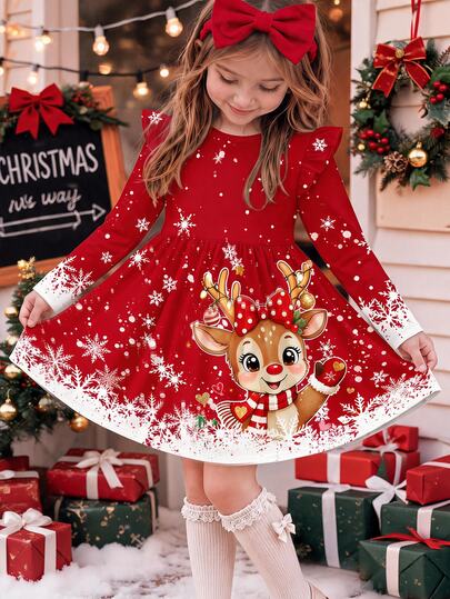 Young Girl Deer Pattern Print Ruffle Trim Dress For Outings