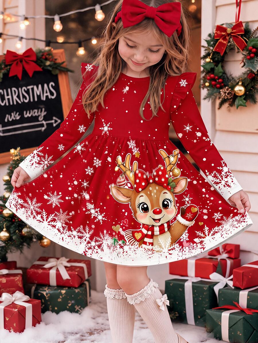 Young Girl Deer Pattern Print Ruffle Trim Dress For Outings - Multicolor - View 1