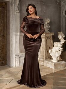 Aureia Plus Size Brown Lace Patchwork Elastic Velvet Mermaid Elegant Asymmetrical Shoulder Evening Gown - Coffee Brown - View 10