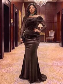 Aureia Plus Size Brown Lace Patchwork Elastic Velvet Mermaid Elegant Asymmetrical Shoulder Evening Gown - Coffee Brown - View 1