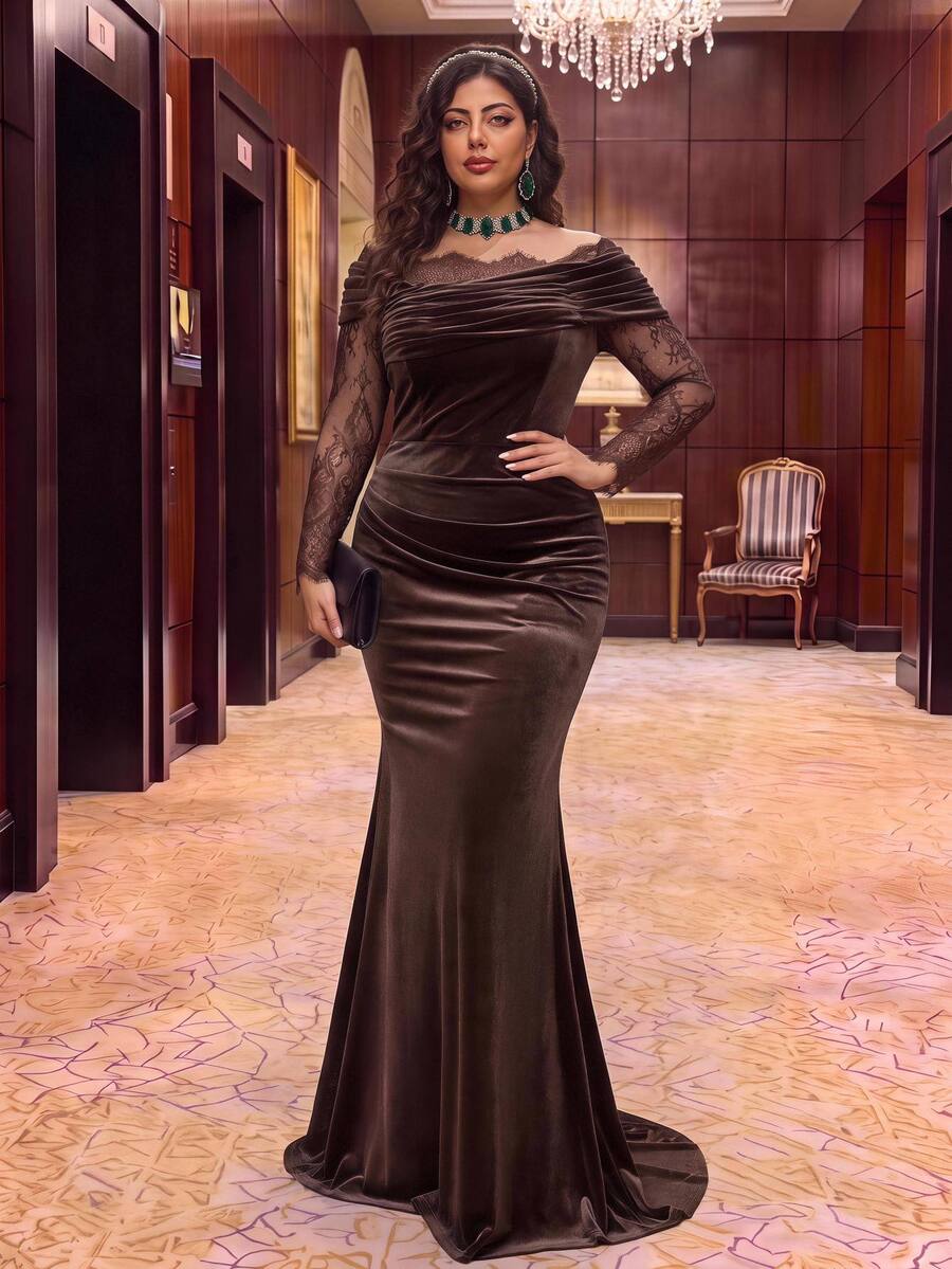 Aureia Plus Size Brown Lace Patchwork Elastic Velvet Mermaid Elegant Asymmetrical Shoulder Evening Gown - Coffee Brown - View 1