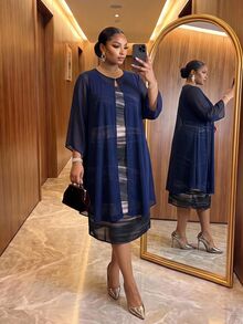 SHEIN Lady CURVE 大尺碼女款純色開襟衫浪漫優雅兩件套感恩節套裝 正式賓客秋季公主風海軍藍紫色藍色洋裝 - 寶藍色 - 查看 3