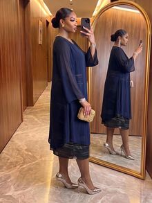 SHEIN Lady CURVE 大尺碼女款純色開襟衫浪漫優雅兩件套感恩節套裝 正式賓客秋季公主風海軍藍紫色藍色洋裝 - 寶藍色 - 查看 2