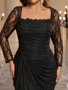 Glamrae Plus Size Elegant Minimalist Structuralist Square Neck Lace Ruffled Semi-Sheer Draped Formal Evening Gown Dress, Cocktail Dress, Light Mesh Dress - Black - View 9