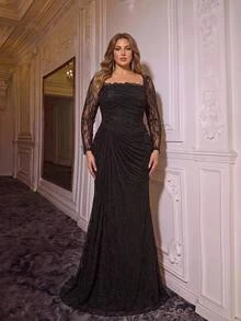 Glamrae Plus Size Elegant Minimalist Structuralist Square Neck Lace Ruffled Semi-Sheer Draped Formal Evening Gown Dress, Cocktail Dress, Light Mesh Dress - Black - View 4