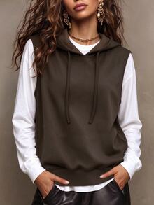 Trelyra 2pcs/Set Spring/Autumn Casual Hooded Sleeveless Vest + Solid Color Casual Base Layer Top For Women - Brown - View 1