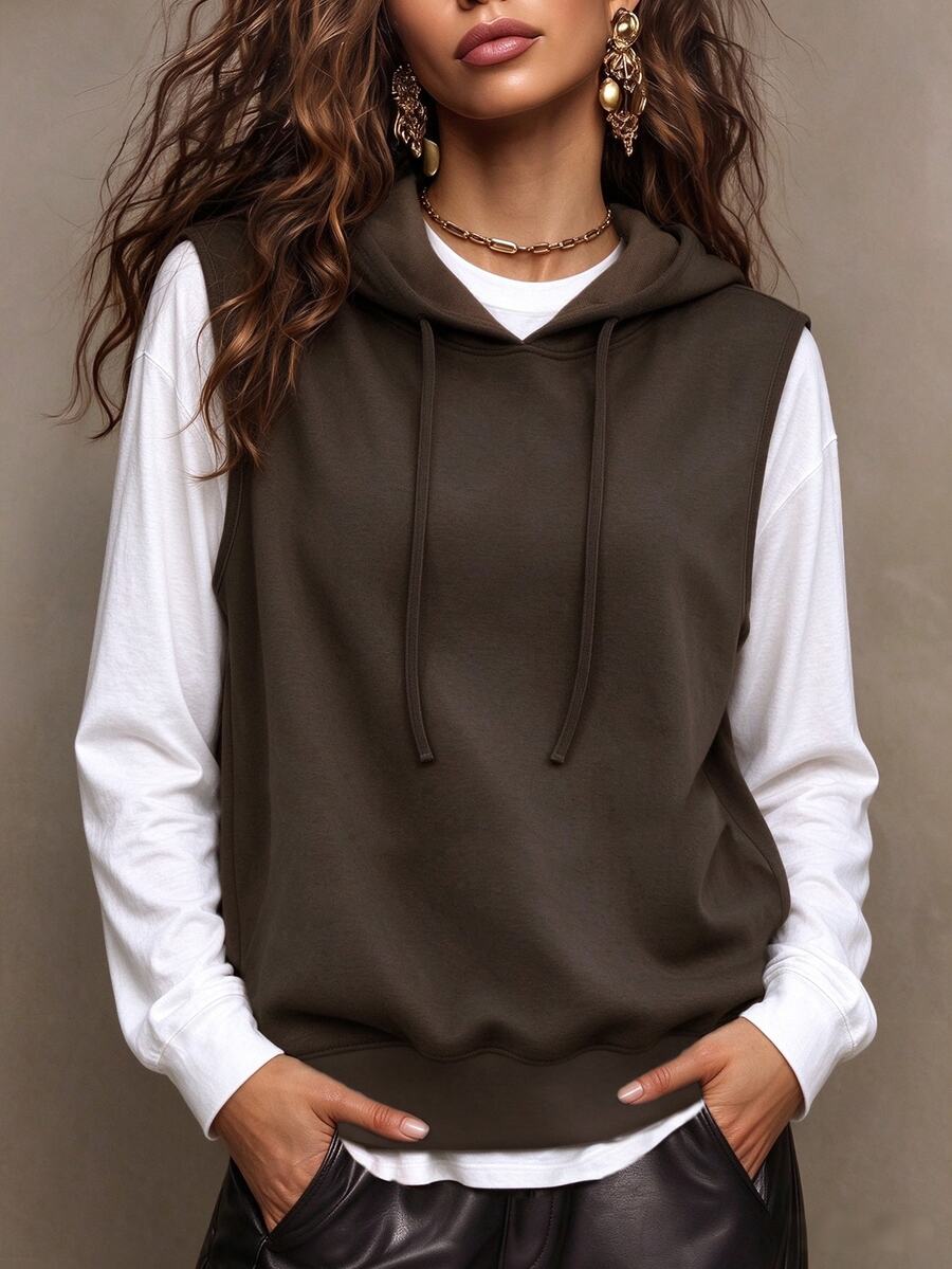 Trelyra 2pcs/Set Spring/Autumn Casual Hooded Sleeveless Vest + Solid Color Casual Base Layer Top For Women - Brown - View 1