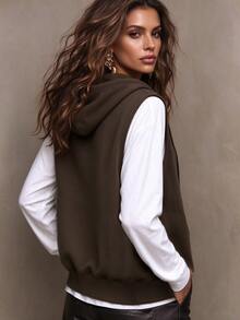 Trelyra 2pcs/Set Spring/Autumn Casual Hooded Sleeveless Vest + Solid Color Casual Base Layer Top For Women - Brown - View 3