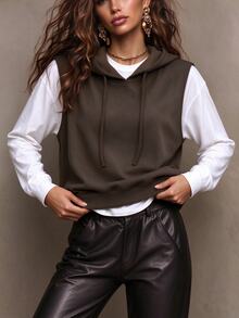Trelyra 2pcs/Set Spring/Autumn Casual Hooded Sleeveless Vest + Solid Color Casual Base Layer Top For Women - Brown - View 5