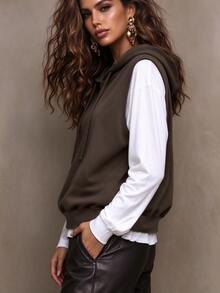 Trelyra 2pcs/Set Spring/Autumn Casual Hooded Sleeveless Vest + Solid Color Casual Base Layer Top For Women - Brown - View 4