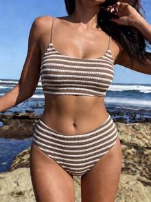 SHEIN Swim Women's Striped Beach Swimwear Set For Vacation - Multicolor - View 5