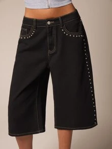 Athîral Denim Women's Casual Rivet Decor Street Style Black Bermuda Denim Jeans - Black - View 3
